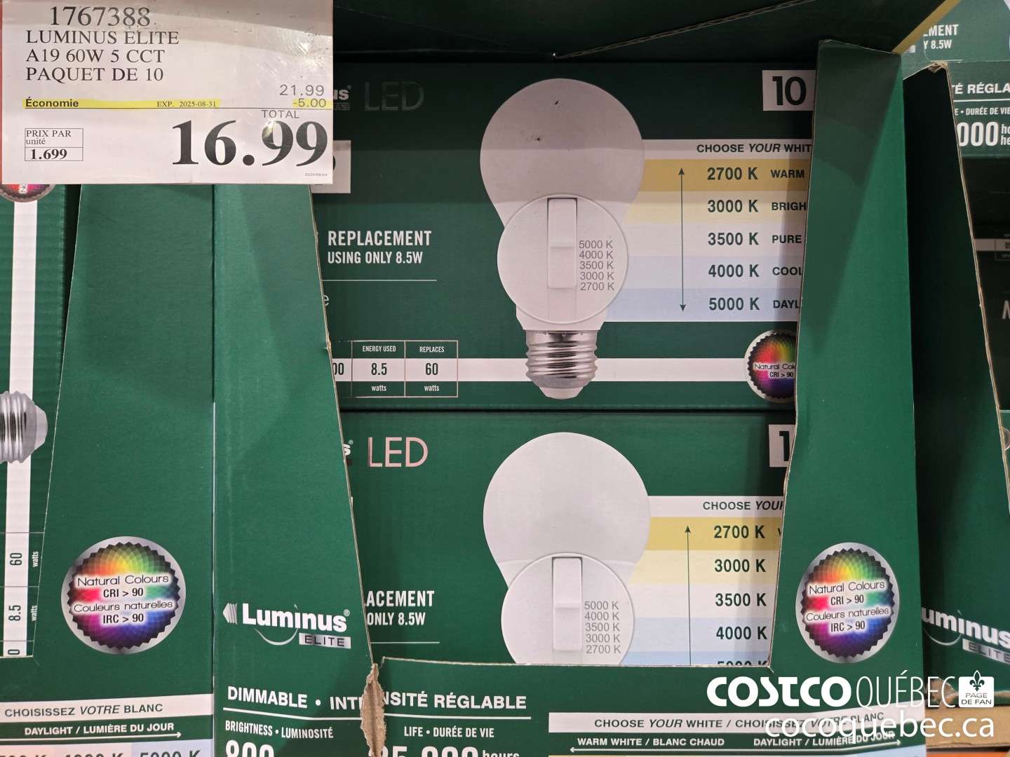 1767388 LUMINUS ELITE A19 60W 5 CCT PAQUET DE 10  ($5.00 INSTANT SAVINGS EXPIRES ON 2025-06-12) $16.99