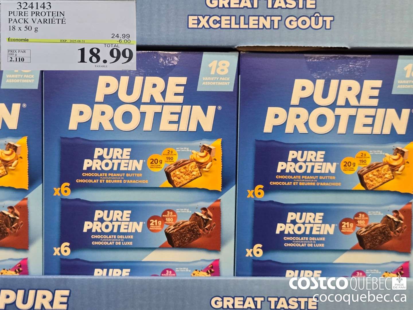 324143 PURE PROTEIN PAQUET VARIE 18x50 g ($6.00 INSTANT SAVINGS EXPIRES ON 2025-08-31) $18.99