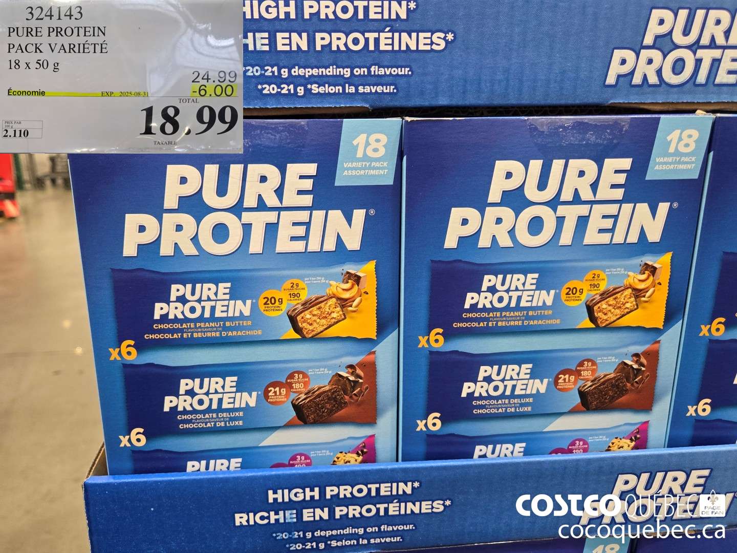 324143 PURE PROTEIN PAQUET VARIE 18x50 g ($6.00 INSTANT SAVINGS EXPIRES ON 2025-08-31) $18.99