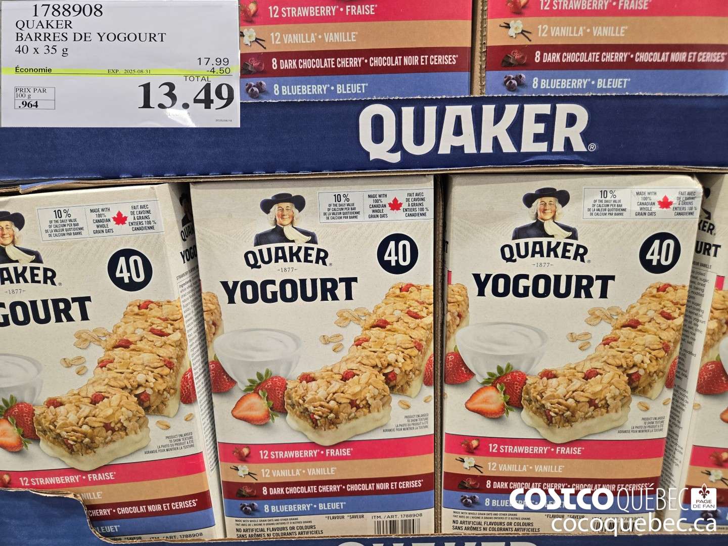 1788908 QUAKER BARRES DE YOGOURT 40 x 35 g  ($4.50 INSTANT SAVINGS EXPIRES ON 2025-08-31) $13.49