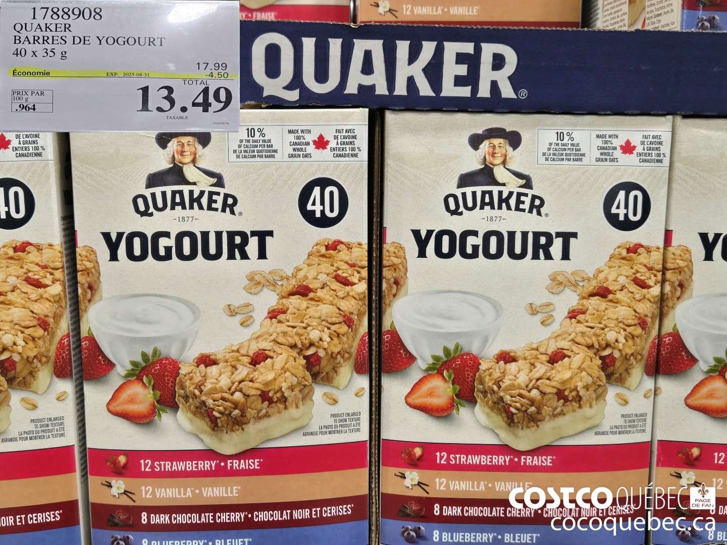 1788908 QUAKER BARRES DE YOGOURT 40 x 35 g  ($4.50 INSTANT SAVINGS EXPIRES ON 2025-08-31) $13.49
