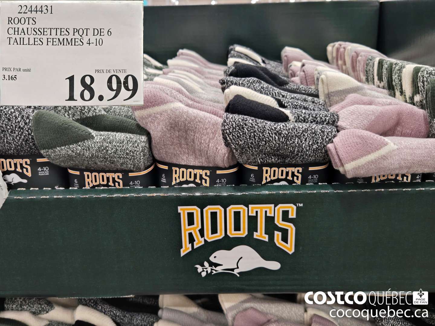 2244431 ROOTS CHAUSSETTES PQT DE 6 TAILLES FEMMES 4-10  $18.99