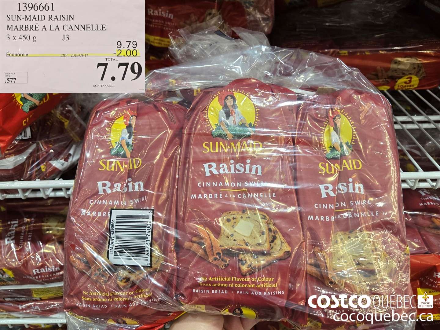 1396661 SUN-MAID RAISIN MARBRE A LA CANNELLE 3 x 450 g ($2.00 INSTANT SAVINGS EXPIRES ON 2025-08-17) $7.79