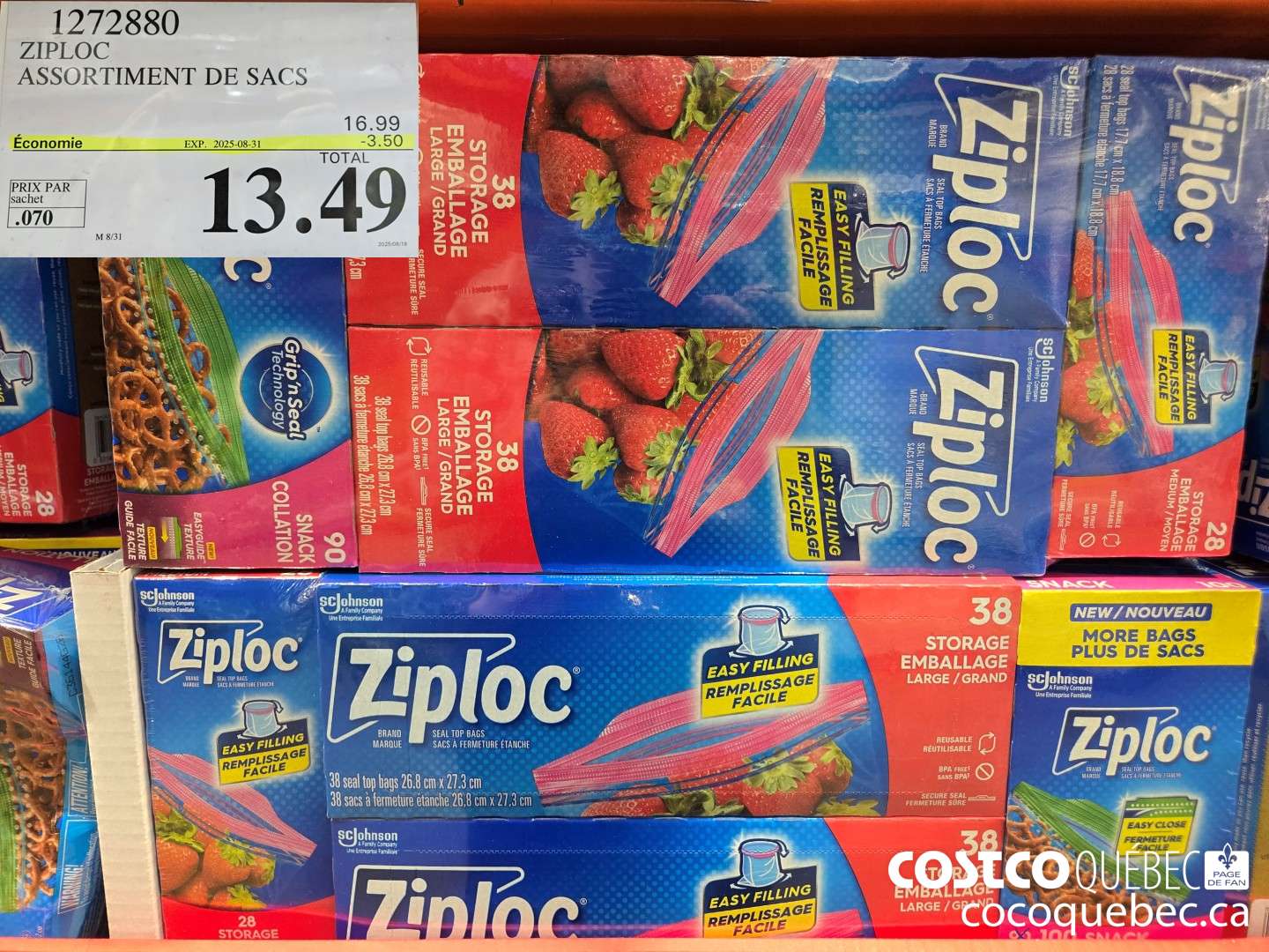 1272880 ZIPLOCK ASSORTIMENT DE SACS ($3.50 INSTANT SAVINGS EXPIRES ON 2025-08-31) $13.49
