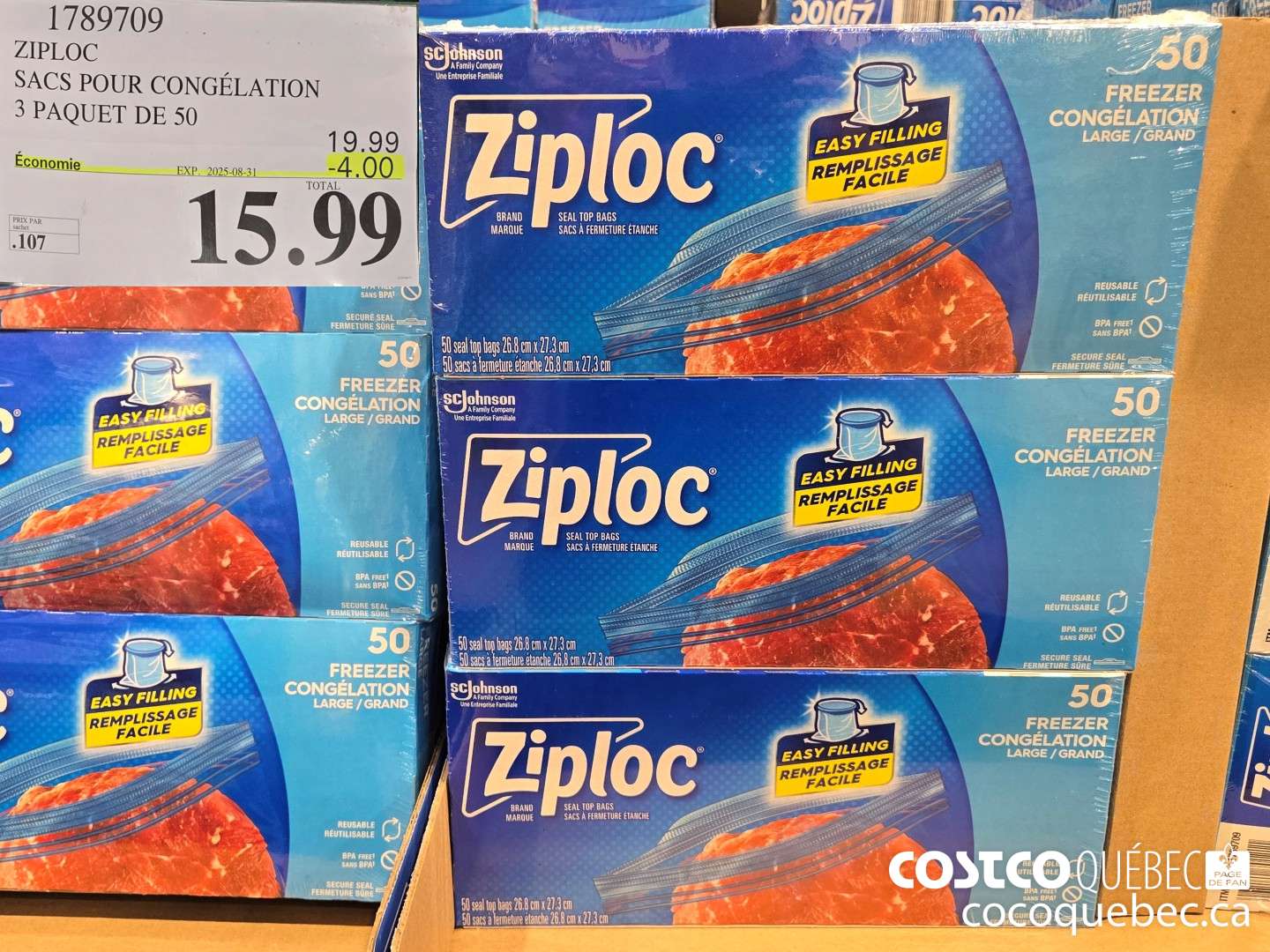 1789709 ZIPLOC SACS POUR CONGELATION 3 PAQUET DE 50 ($4.00 INSTANT SAVINGS EXPIRES ON 2025-08-31) $15.99