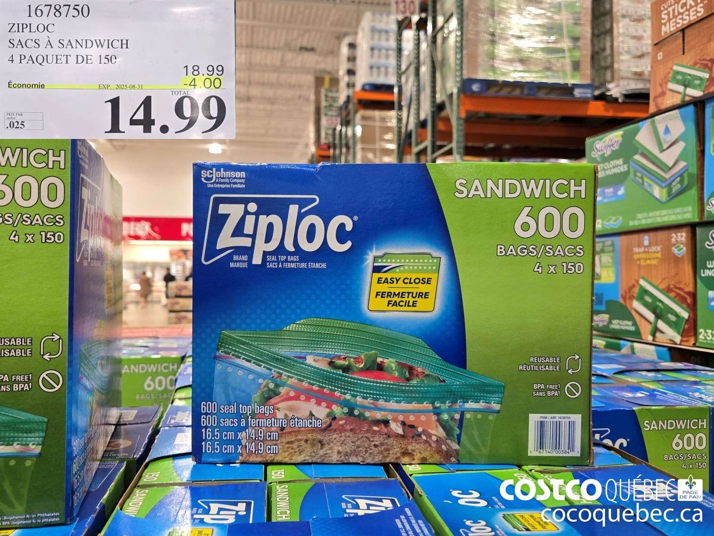 1678750 ZIPLOC SACS A SANDWICH 4 PAQUET DE 150  ($4.00 INSTANT SAVINGS EXPIRES ON 2025-08-31) $14.99