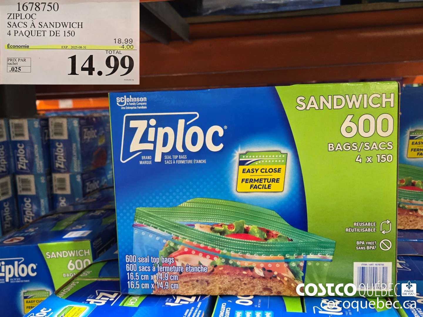 1678750 ZIPLOC SACS A SANDWICH 4 PAQUET DE 150  ($4.00 INSTANT SAVINGS EXPIRES ON 2025-08-31) $14.99