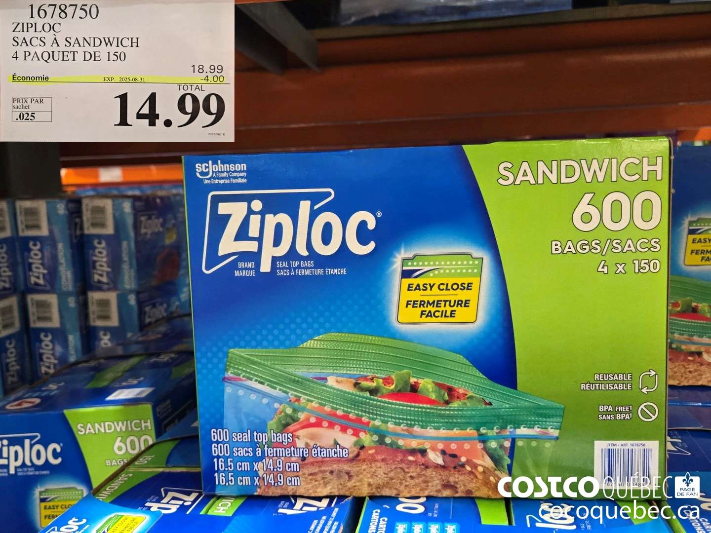 1678750 ZIPLOC SACS A SANDWICH 4 PAQUET DE 150  ($4.00 INSTANT SAVINGS EXPIRES ON 2025-08-31) $14.99