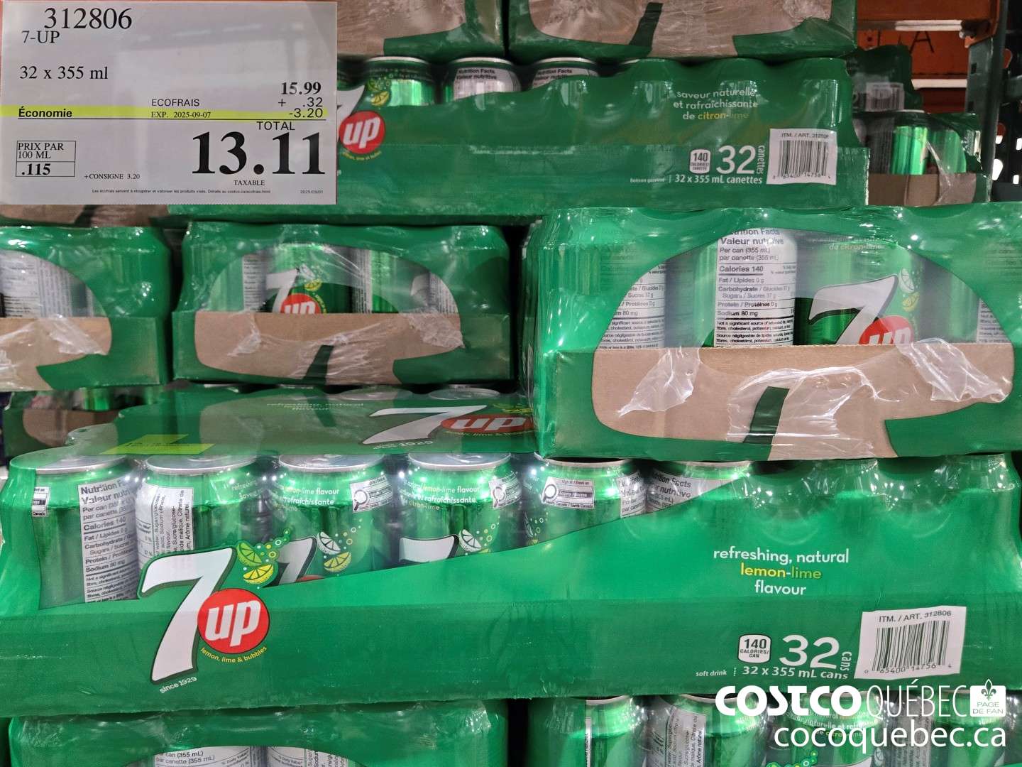 312806 7-UP 32 x 355 ml ($3.10 INSTANT SAVINGS EXPIRES ON 2025-09-07) $13.11