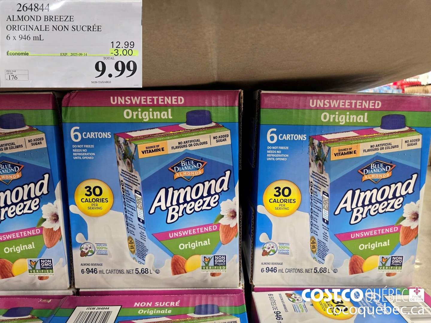 264844 ALMOND BREEZE NON SUCRE ORIGINALE 6 x 946 mL ($3.00 INSTANT SAVINGS EXPIRES ON 2025-09-14) $9.99