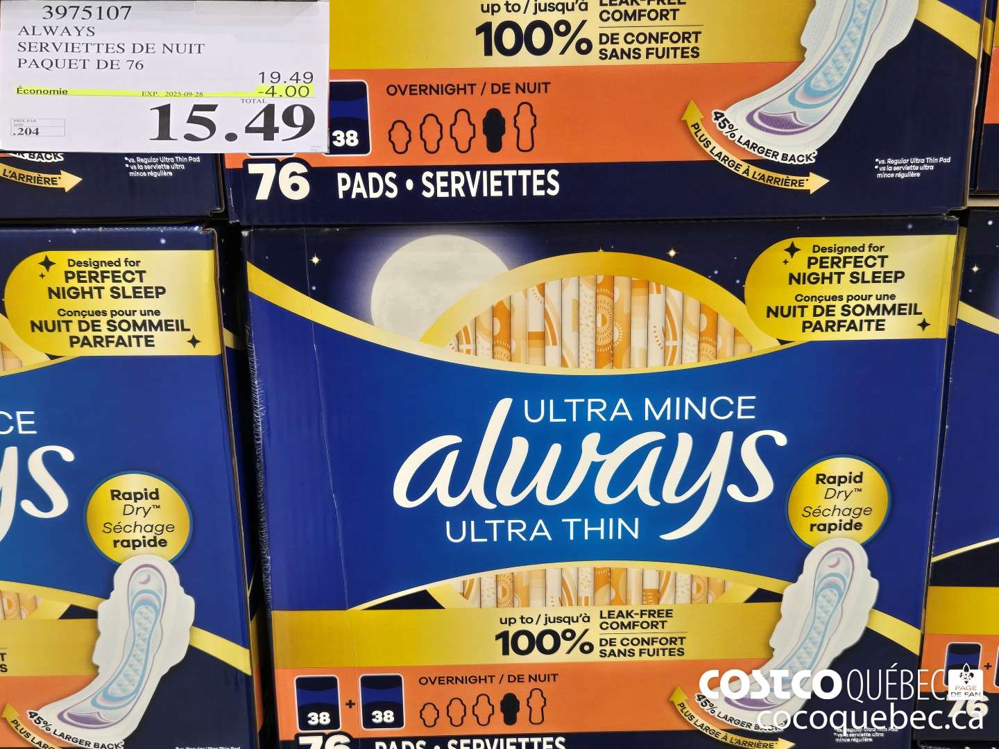 3975107 ALWAYS SERVIETTES DE NUIT PAQUET DE 76  ($4.00 INSTANT SAVINGS EXPIRES ON 2025-09-28) $15.49