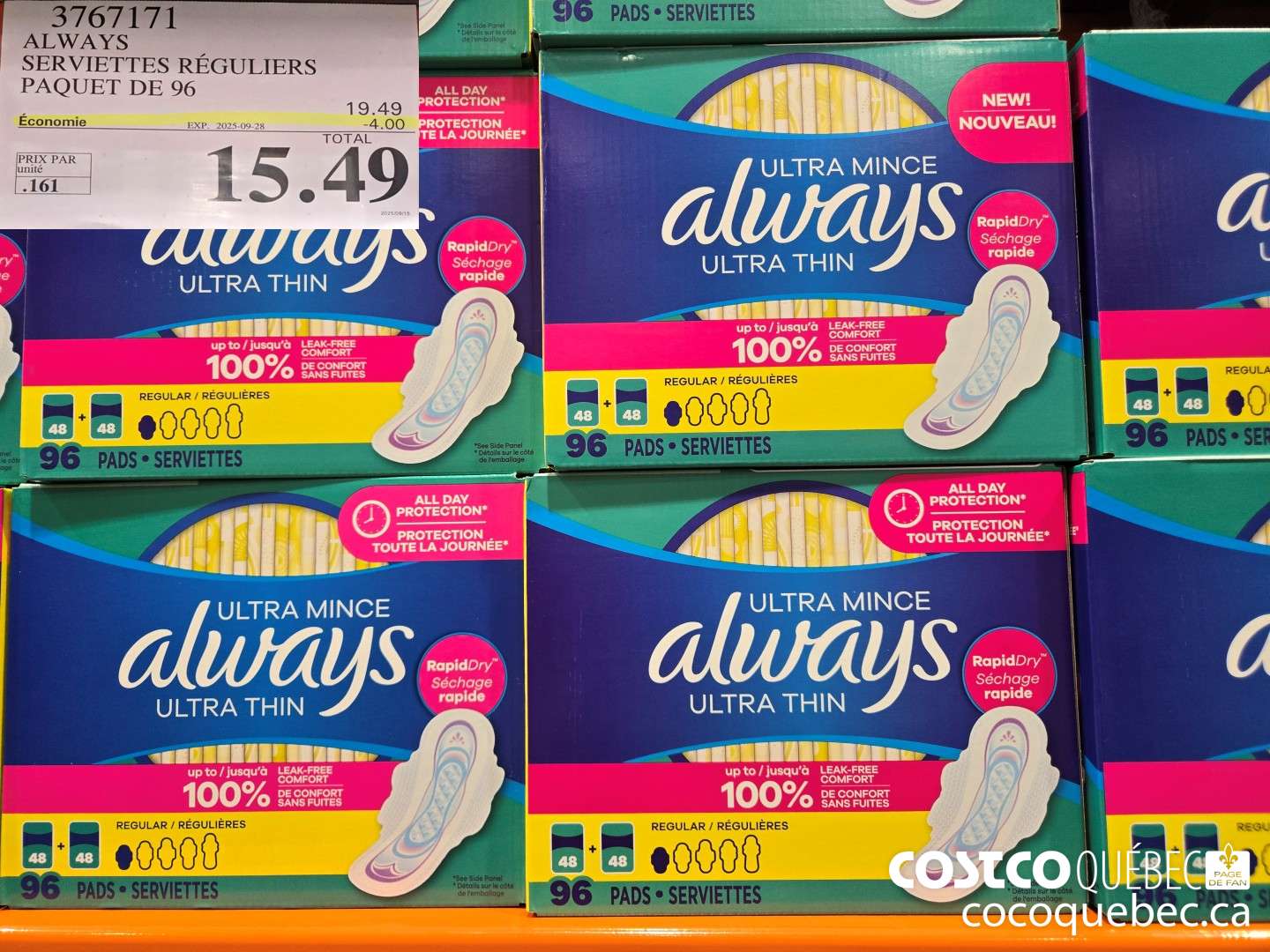 3767171 ALWAYS SERVIETTES REGULIERS PAQUET DE 96  ($4.00 INSTANT SAVINGS EXPIRES ON 2025-09-28) $15.49