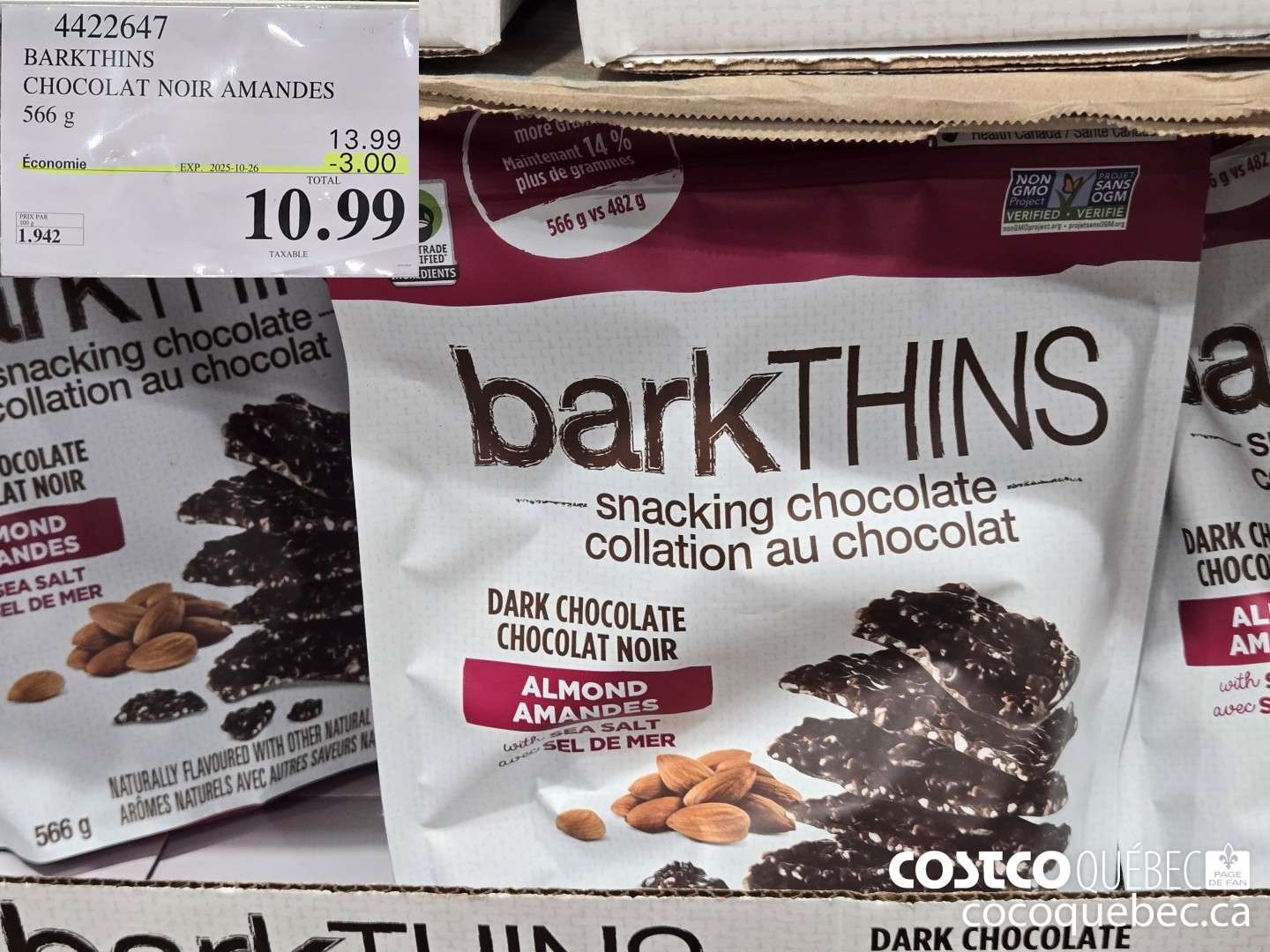 4422647 BARKTHINS CHOCOLAT NOIR AMANDES 566 g  ($3.00 INSTANT SAVINGS EXPIRES ON 2025-10-26) $10.99