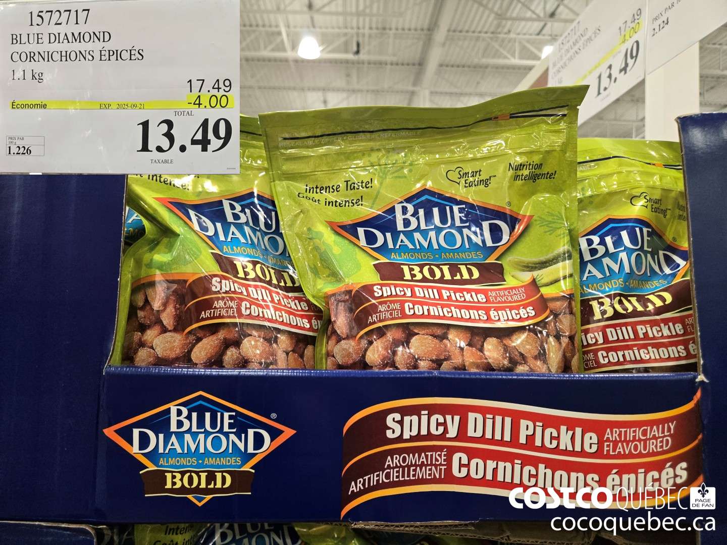 1572717 BLUE DIAMOND CORNICHONS EPICES 1.1 kg TOTAL 13.49 TAXABLE  ($4.00 INSTANT SAVINGS EXPIRES ON 2025-09-21) $13.49
