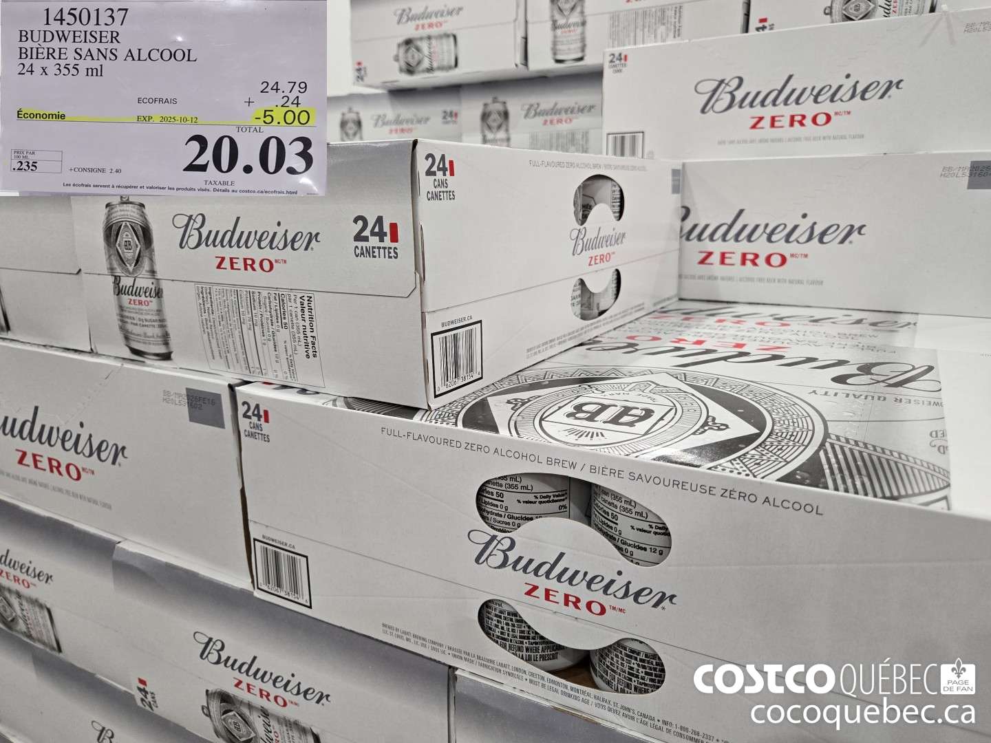 1450137 BUDWEISER ZERO CANETTES 24 x 355 mL ($5.00 INSTANT SAVINGS EXPIRES ON 2025-10-12) $20.03