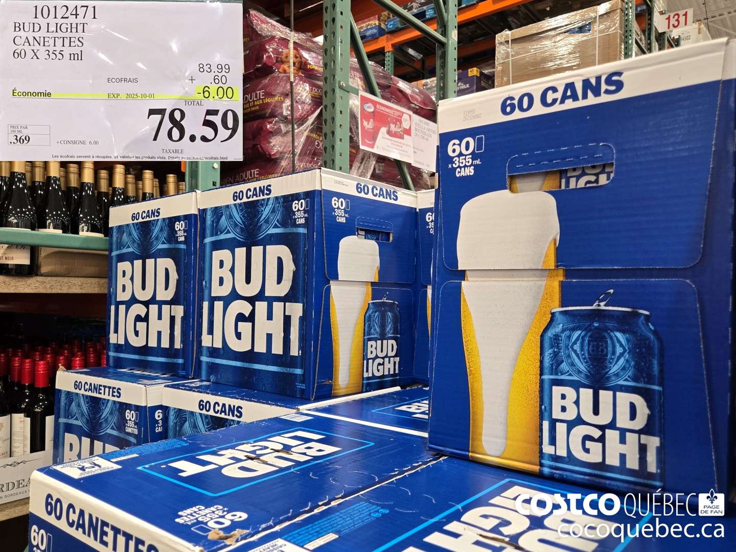 1012471 BUD LIGHT CANETTES 60 X 355 ML ($6.00 INSTANT SAVINGS EXPIRES ON 2025-10-01) $78.59