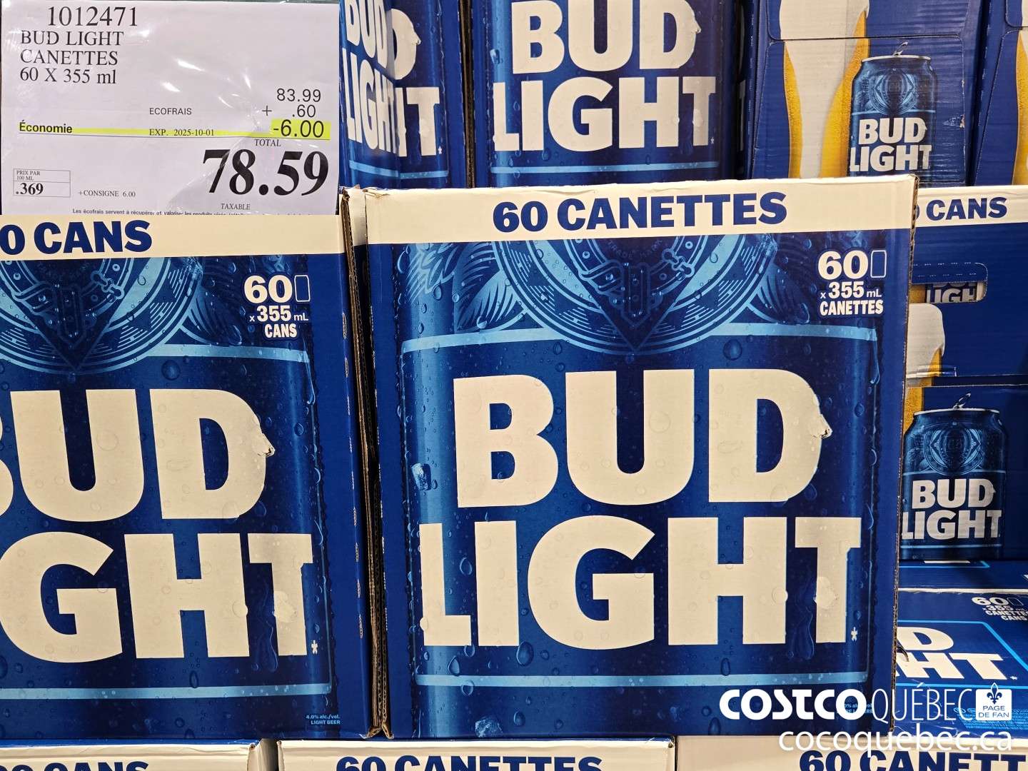 1012471 BUD LIGHT CANETTES 60 X 355 ML ($6.00 INSTANT SAVINGS EXPIRES ON 2025-10-01) $78.59
