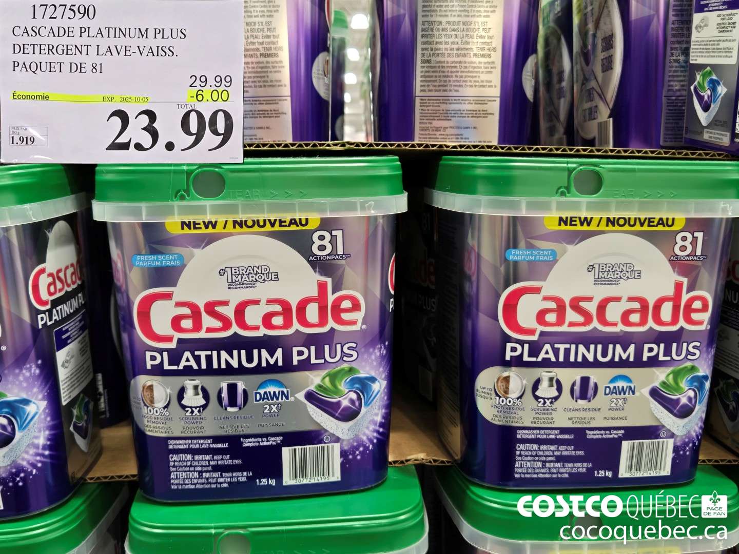 127590 CASCADE PLATINUM PLUS DETERGENT LAVE-VAISS. PAQUET DE 81  ($6.00 INSTANT SAVINGS EXPIRES ON 2025-10-05) $23.99
