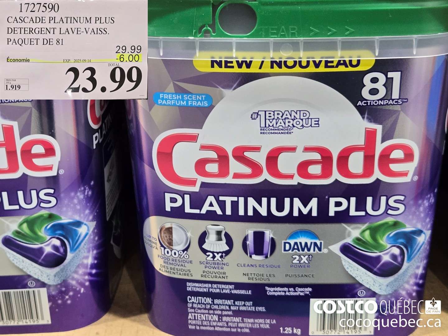 1727590 CASCADE PLATINUM PLUS DETERGENT LAVE-VAISS. PAQUET DE 81  ($6.00 INSTANT SAVINGS EXPIRES ON 2025-09-14) $23.99