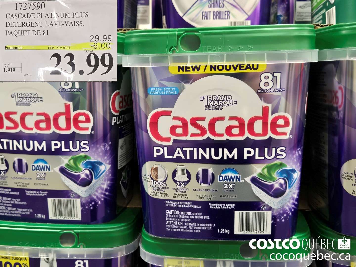 1727590 CASCADE PLATINUM PLUS DETERGENT LAVE-VAISS. PAQUET DE 81  ($6.00 INSTANT SAVINGS EXPIRES ON 2025-09-14) $23.99