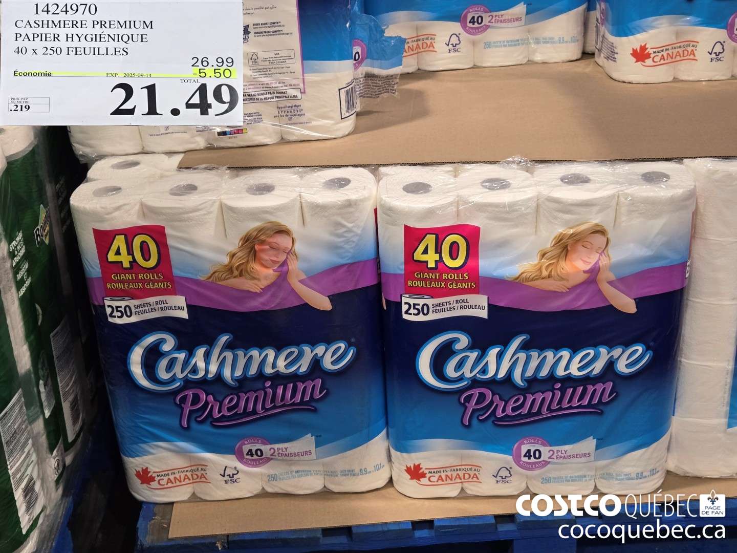 1424970 CASHMERE PREMIUM PAPIER HYGIENIQUE 40 x 250 FEUILLES  ($5.50 INSTANT SAVINGS EXPIRES ON 2025-09-14) $21.49