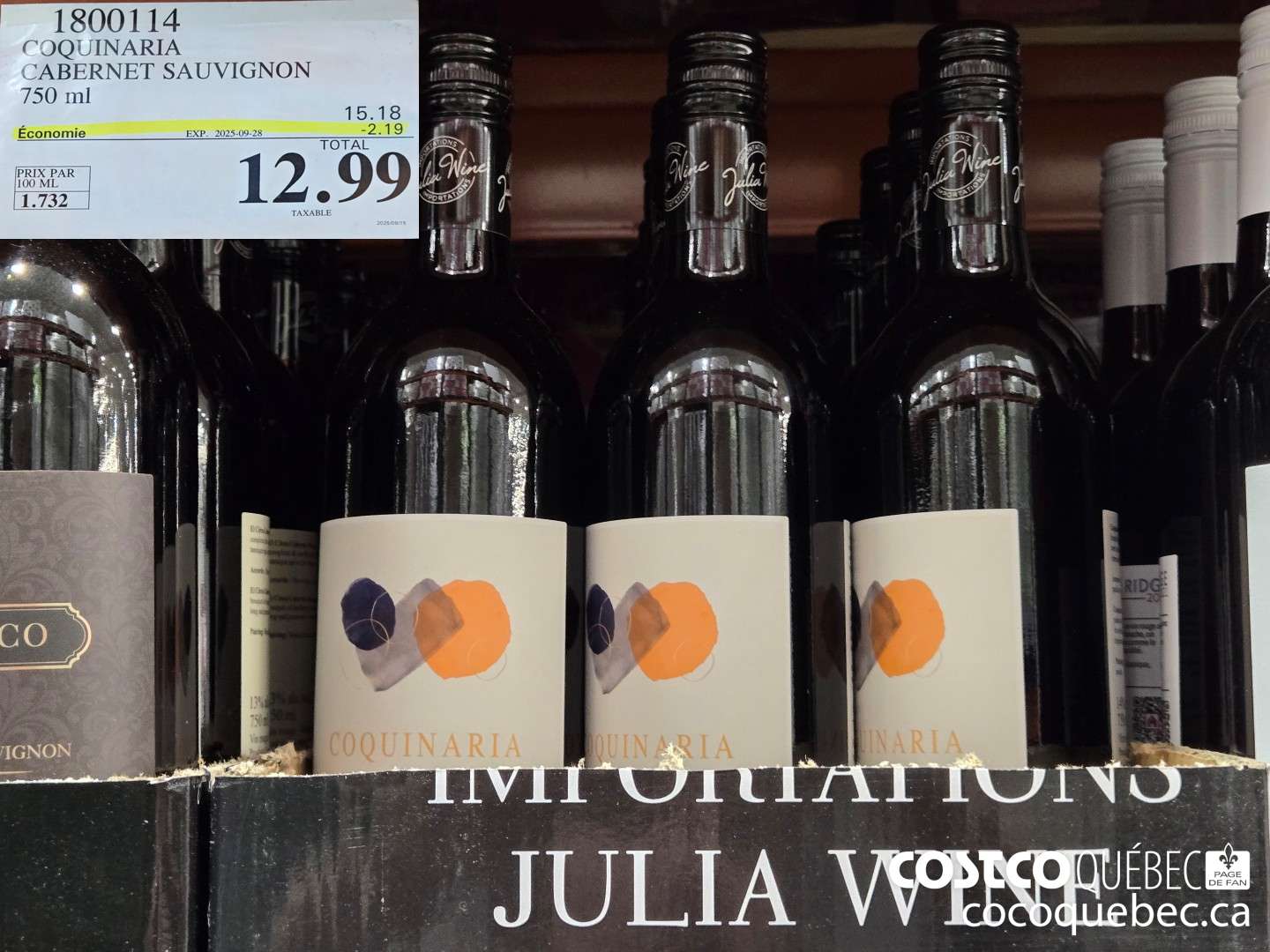 1800114 COQUINARIA CABERNET SAUVIGNON 750 mL  ($2.19 INSTANT SAVINGS EXPIRES ON 2025-09-28) $12.99