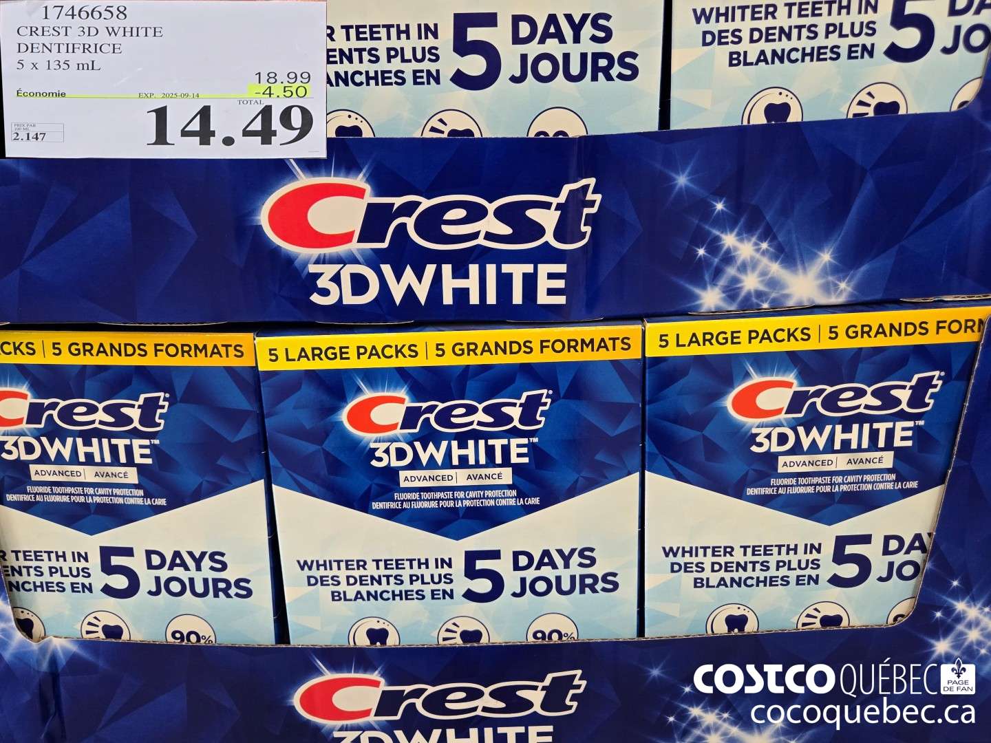 1746658 CREST 3D WHITE AVANCE DENTIFRICE 5 x 135 ml. ($4.50 INSTANT SAVINGS EXPIRES ON 2025-09-14) $14.49