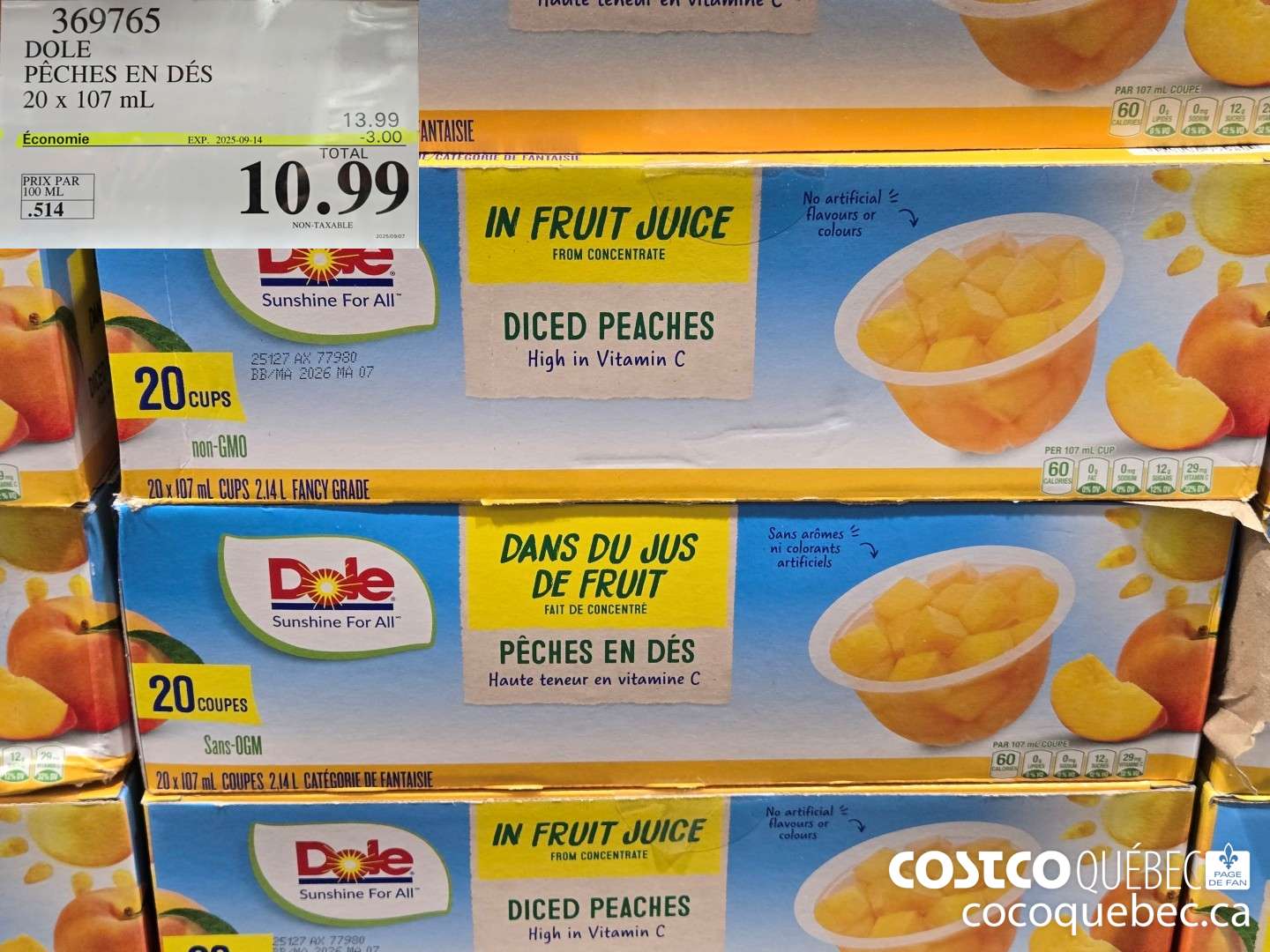 369765 DOLE PECHES EN DES 20 x 107 mL  ($3.00 INSTANT SAVINGS EXPIRES ON 2025-09-14) $10.99