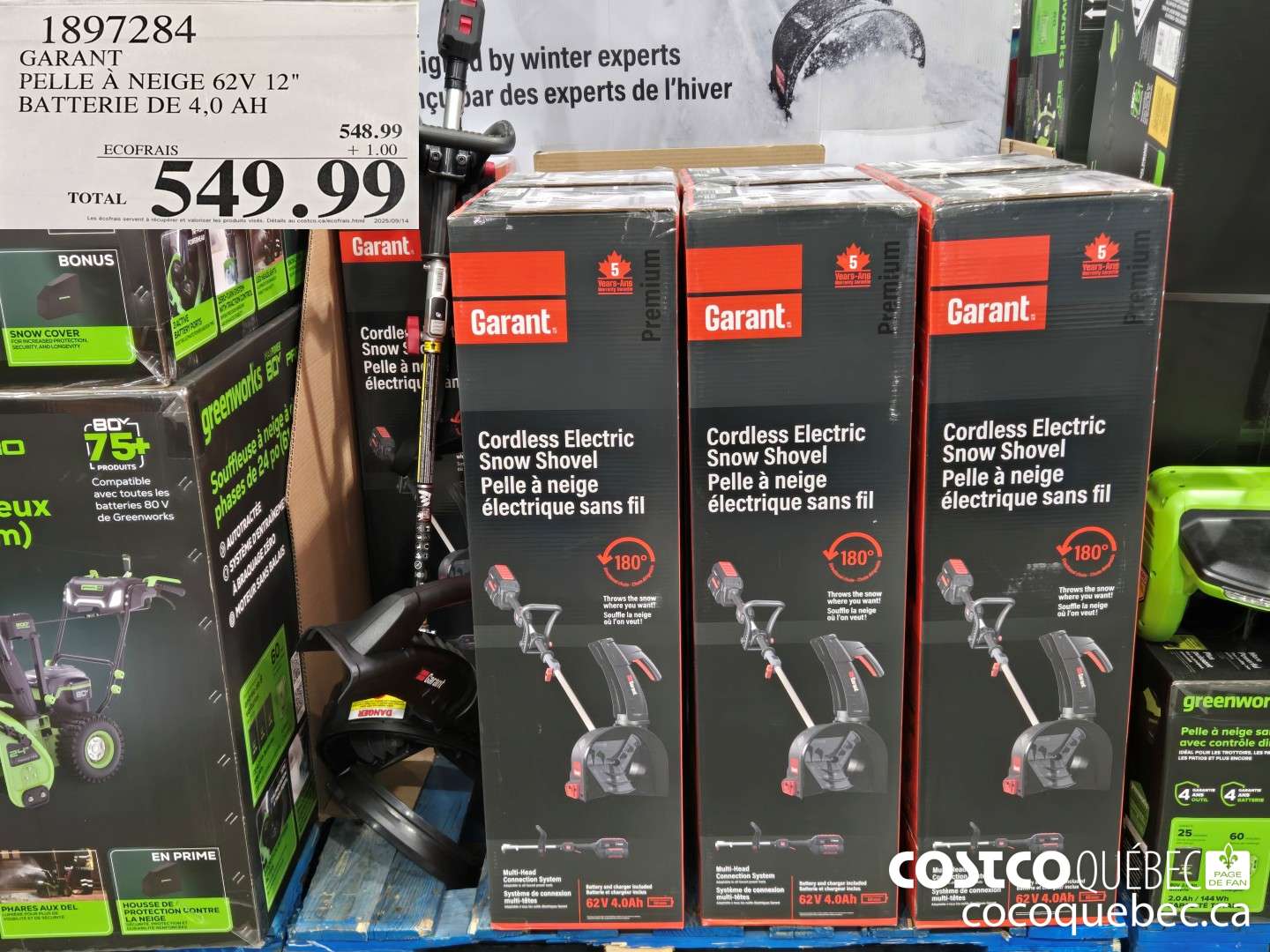 1897284 GARANT PELLE A NEIGE 62V 12” BATTERIE DE 4,0 AH Les écofrais servent a récupérer et valoriser les produits visés. Détails au costco.ca/ecofrais.html 2025/09/14  $549.99