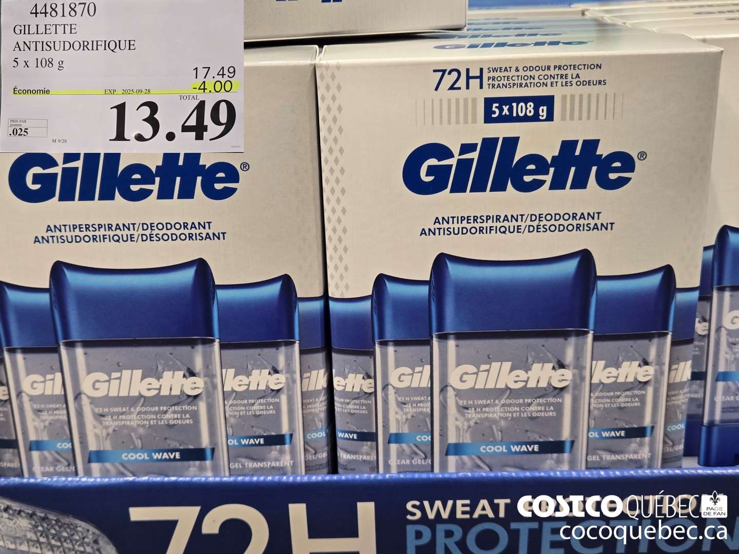 4481870 GILLETTE ANTISUDORIFIQUE 5 x 108g  ($4.00 INSTANT SAVINGS EXPIRES ON 2025-09-28) $13.49