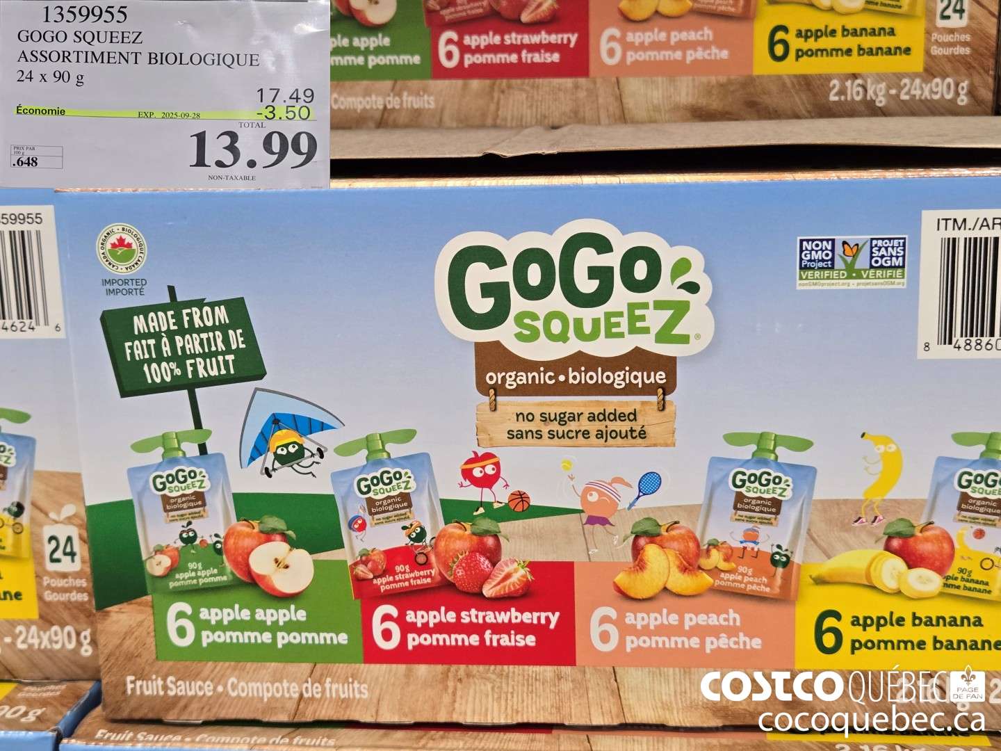 1359955 GOGO SQUEEZ ASSORTIMENT BIOLOGIQUE 24 x 90 g  ($3.50 INSTANT SAVINGS EXPIRES ON 2025-09-28) $13.99