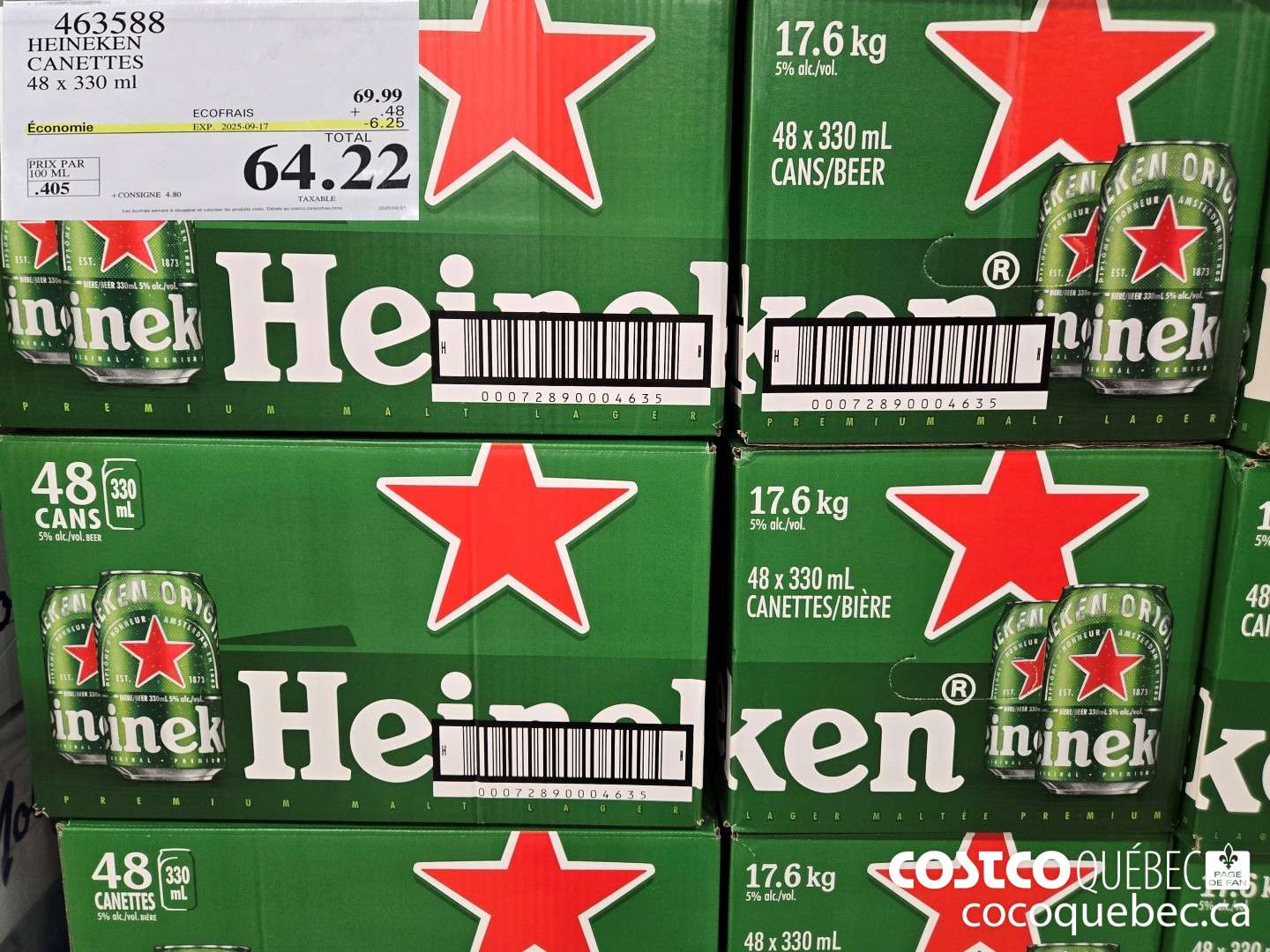 463588 HEINEKEN CANETTES 48 X 330 ML ($6.25 INSTANT SAVINGS EXPIRES ON 2025-09-17) $64.22
