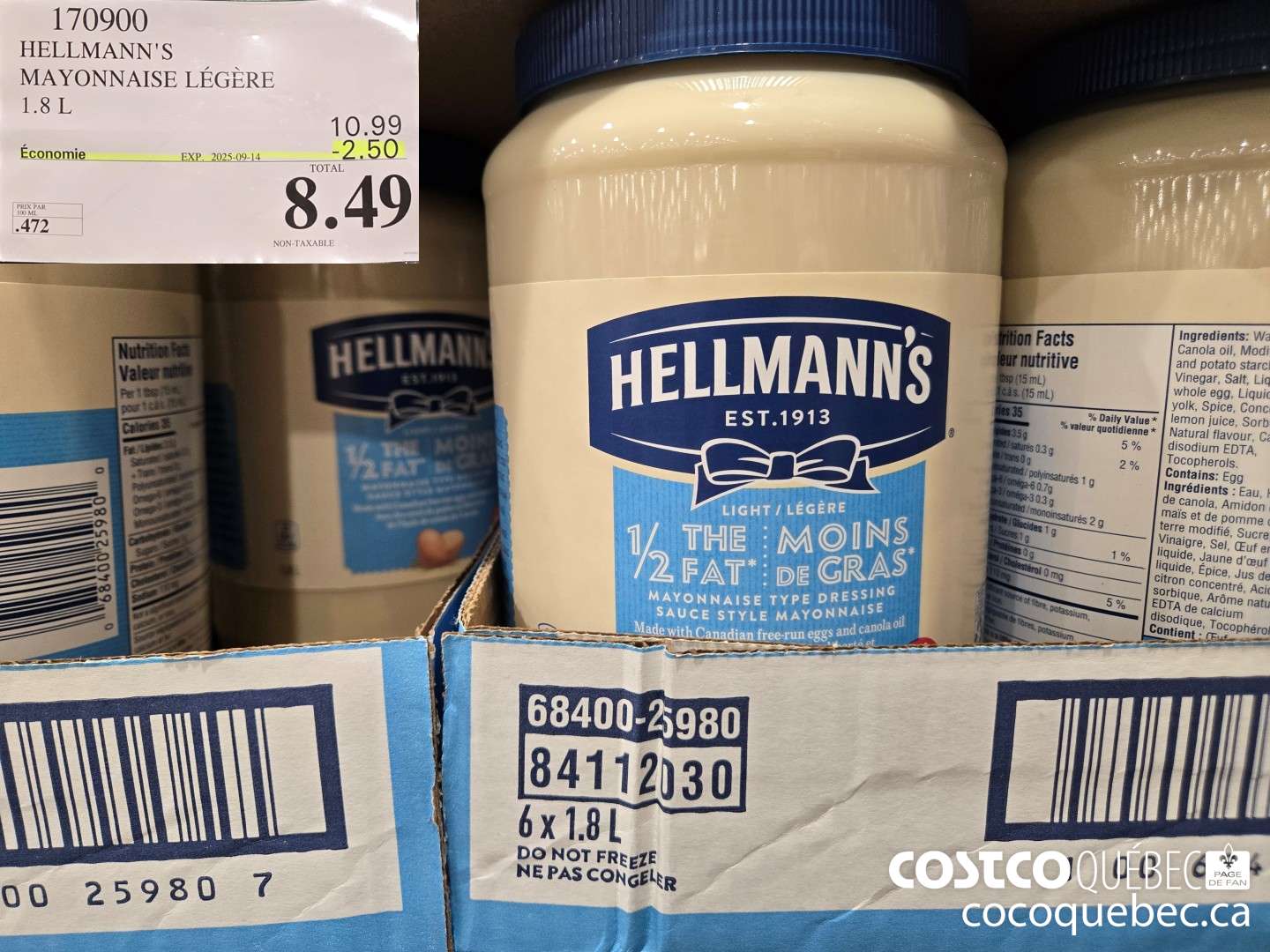 170900 HELLMANN'S MAYONNAISE LEGERE 1.8 L ($2.50 INSTANT SAVINGS EXPIRES ON 2025-09-14) $8.49