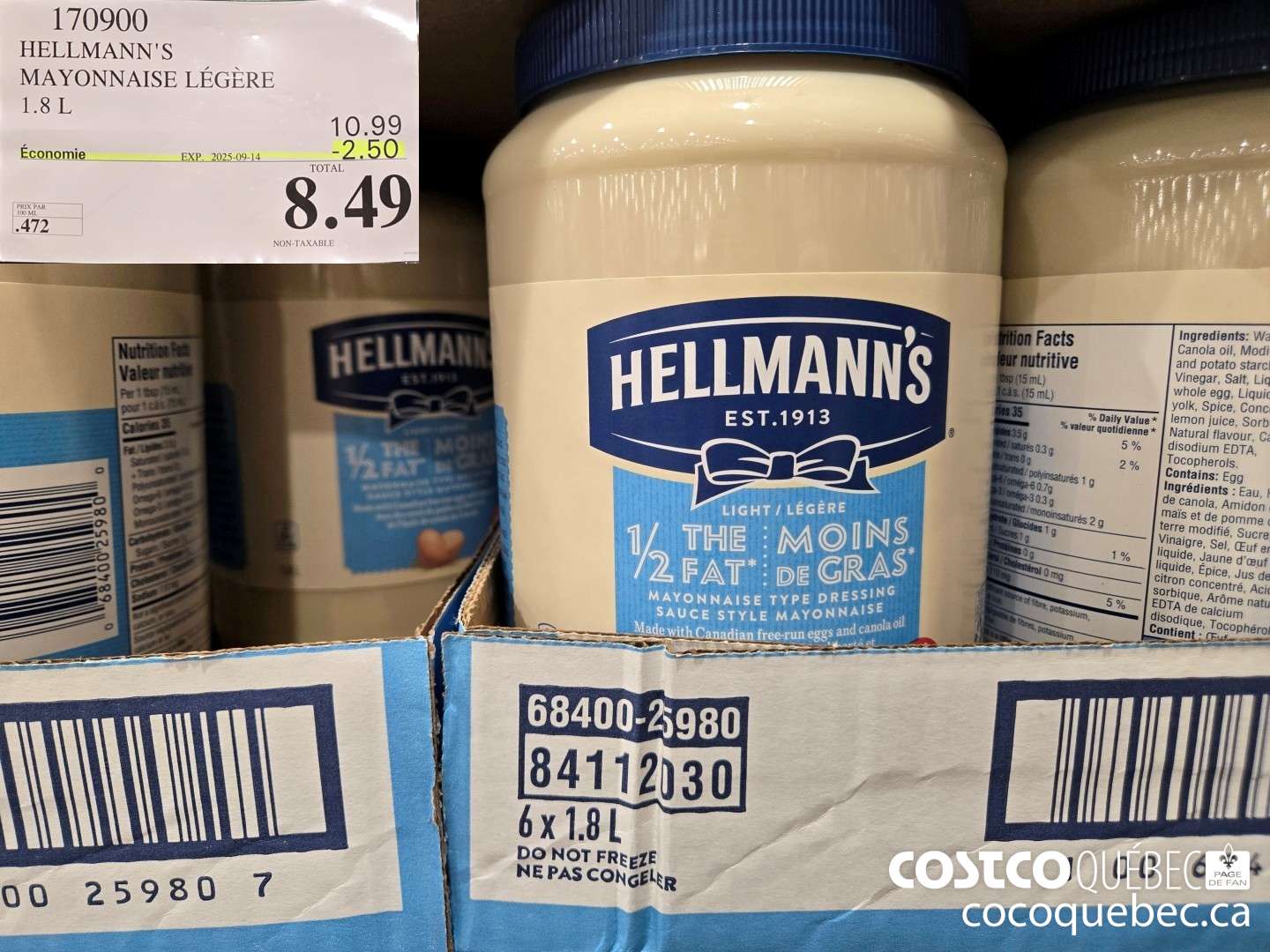 170900 HELLMANN'S MAYONNAISE LEGERE 1.8 L ($2.50 INSTANT SAVINGS EXPIRES ON 2025-09-14) $8.49
