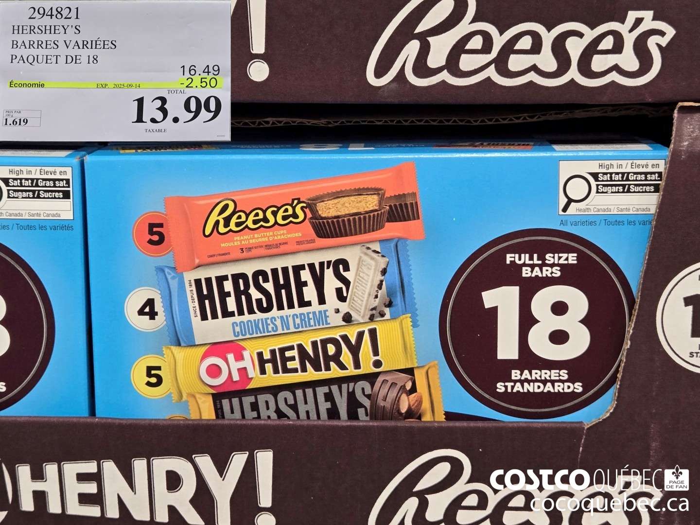 294821 HERSHEY'S BARRES VARIEES PAQUET DE 18 ($2.50 INSTANT SAVINGS EXPIRES ON 2025-09-14) $13.99