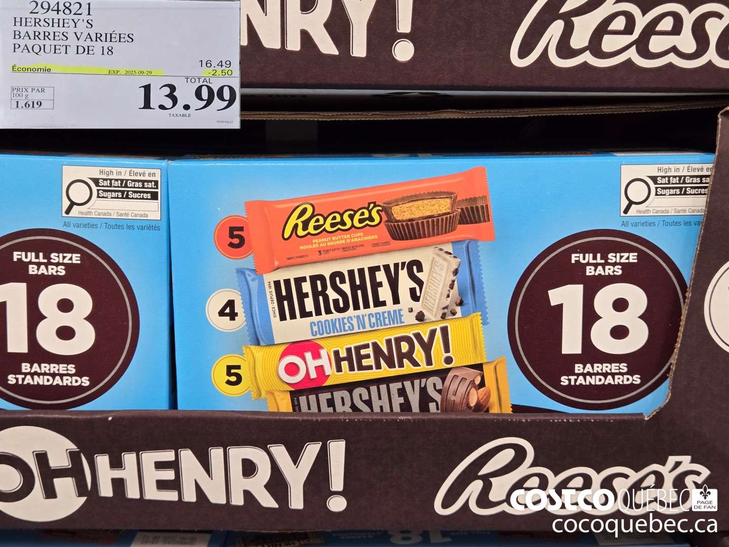 294821 HERSHEY'S BARRES VARIEES PAQUET DE 18 ($2.50 INSTANT SAVINGS EXPIRES ON 2025-09-29) $13.99