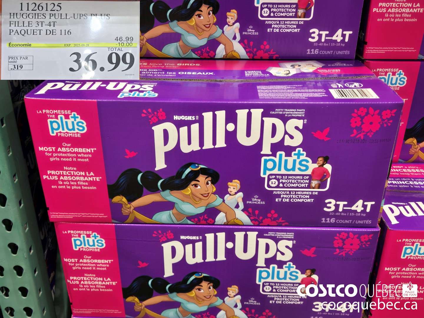 1126125 HUGGIES PULL- UPS PLUS FILLE 3T-4T PAQUET DE 116  ($10.00 INSTANT SAVINGS EXPIRES ON 2025-09-28) $36.99