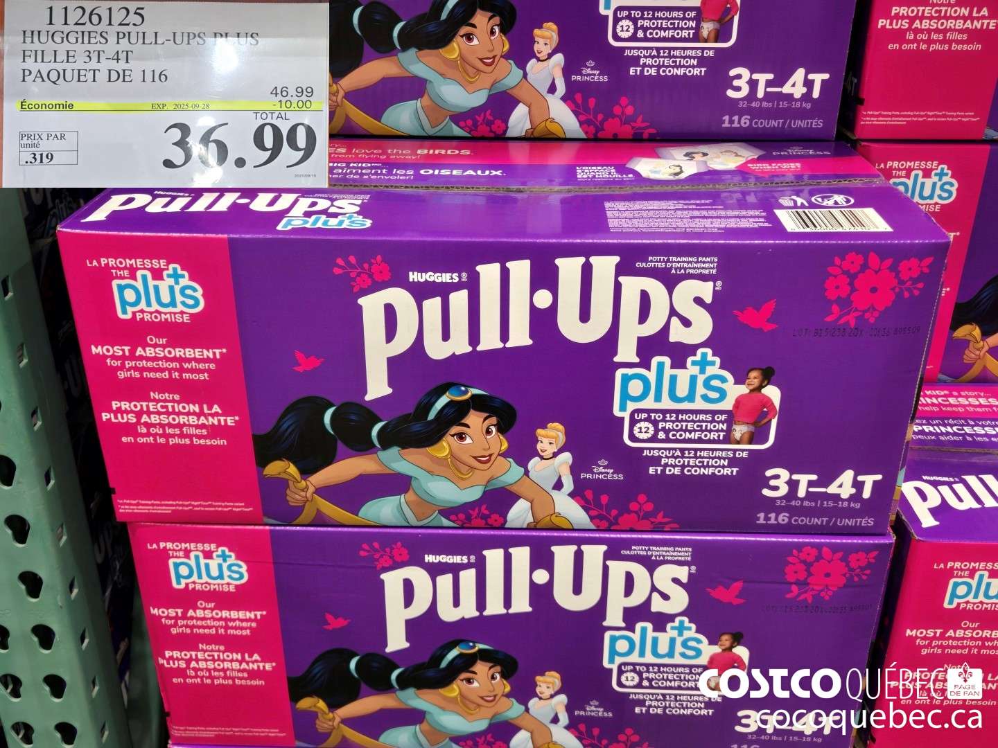 1126125 HUGGIES PULL- UPS PLUS FILLE 3T-4T PAQUET DE 116  ($10.00 INSTANT SAVINGS EXPIRES ON 2025-09-28) $36.99
