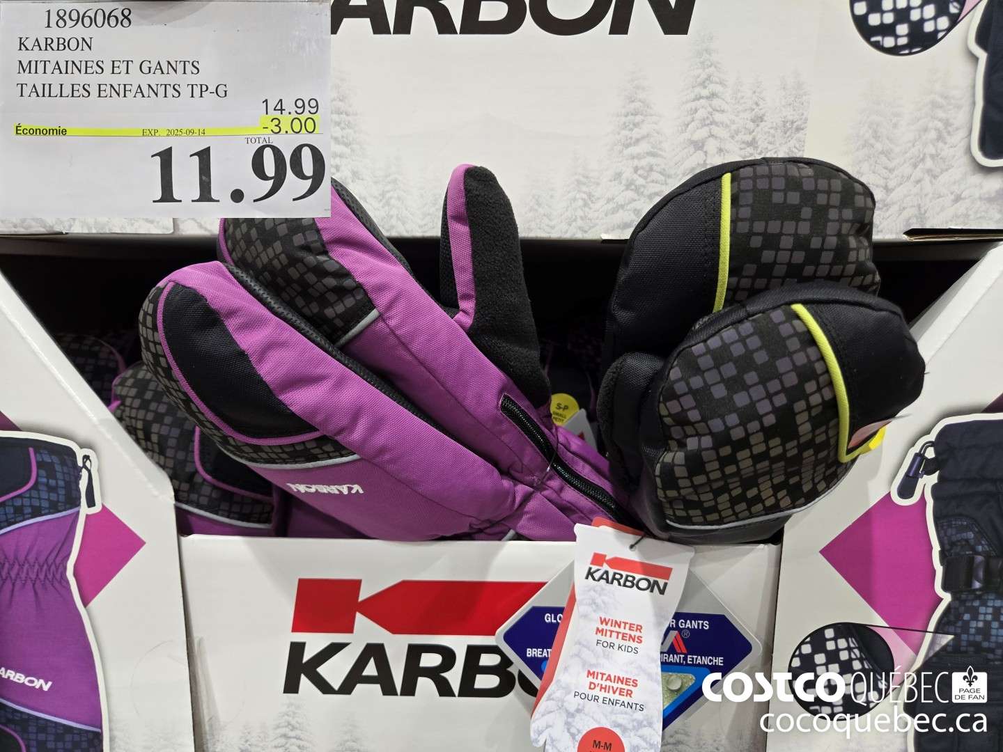 1896068 KARBON MITAINES ET GANTS TAILLES ENFANTS TP-G  ($3.00 INSTANT SAVINGS EXPIRES ON 2025-09-14) $11.99