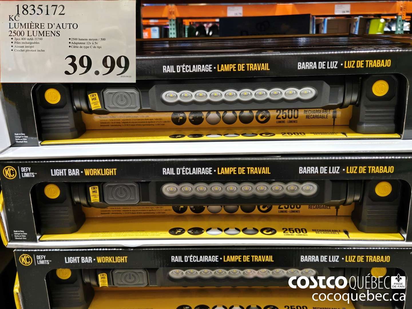 1835172 KC LUMIERE D'AUTO 2500 LUMENS  $39.99