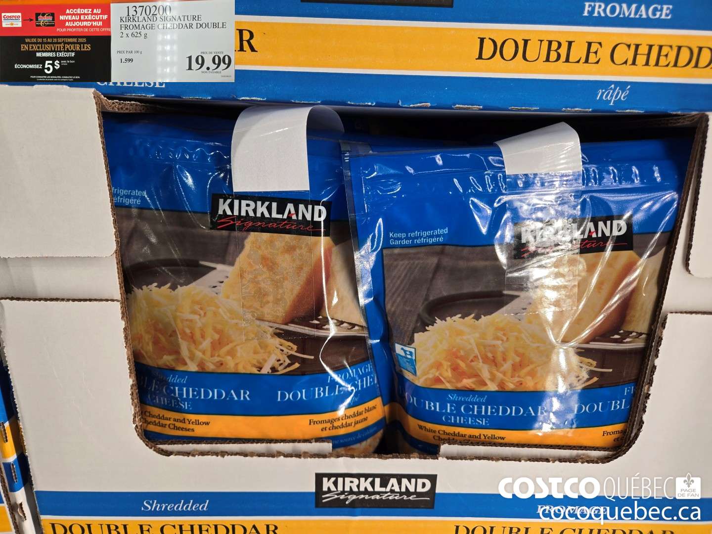1370200 KIRKLAND SIGNATURE FROMAGE CHEDDAR DOUBLE 2x 625 g  ($5.00 INSTANT SAVINGS EXPIRES ON 2024-09-29) $15.99