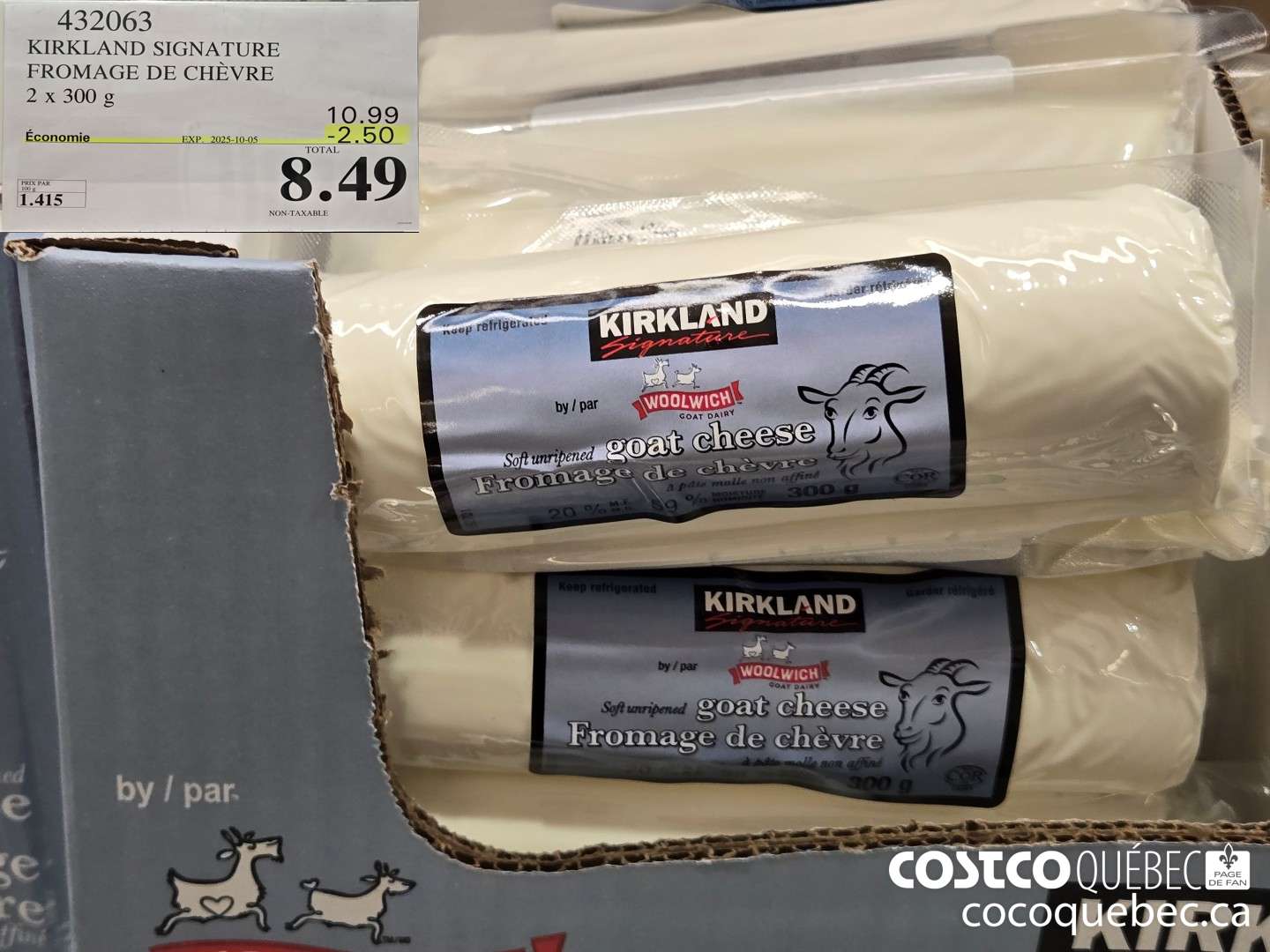 432063 KIRKLAND SIGNATURE FROMAGE DE CHEVRE 2 x 300 G ($2.50 INSTANT SAVINGS EXPIRES ON 2025-10-05) $8.49