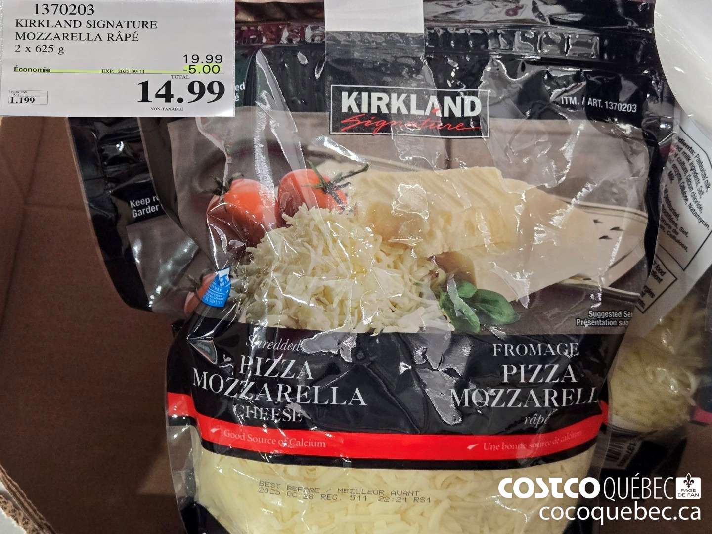 1370203 KIRKLAND SIGNATURE MOZZARELLA RAPE 2 X 625G ($5.00 INSTANT SAVINGS EXPIRES ON 2025-09-14) $14.99