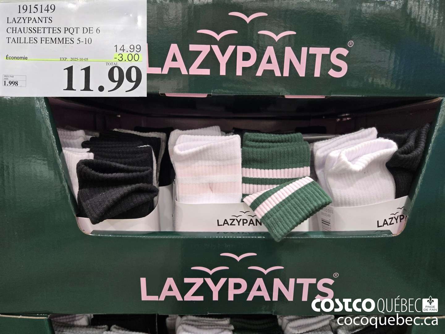 1915149 LAZYPANTS CHAUSSETTES POT DE 6 TAILLES FEMMES 5-10  ($3.00 INSTANT SAVINGS EXPIRES ON 2025-10-05) $11.99
