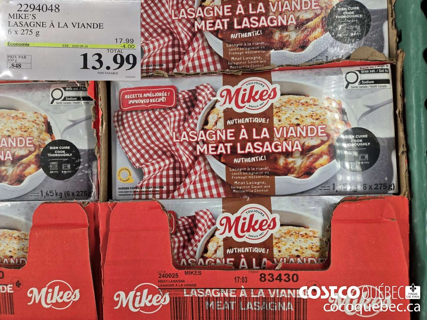 2294048 MIKE'S LASAGNE A LA VIANDE ($4.00 INSTANT SAVINGS EXPIRES ON 2025-09-14) $13.99