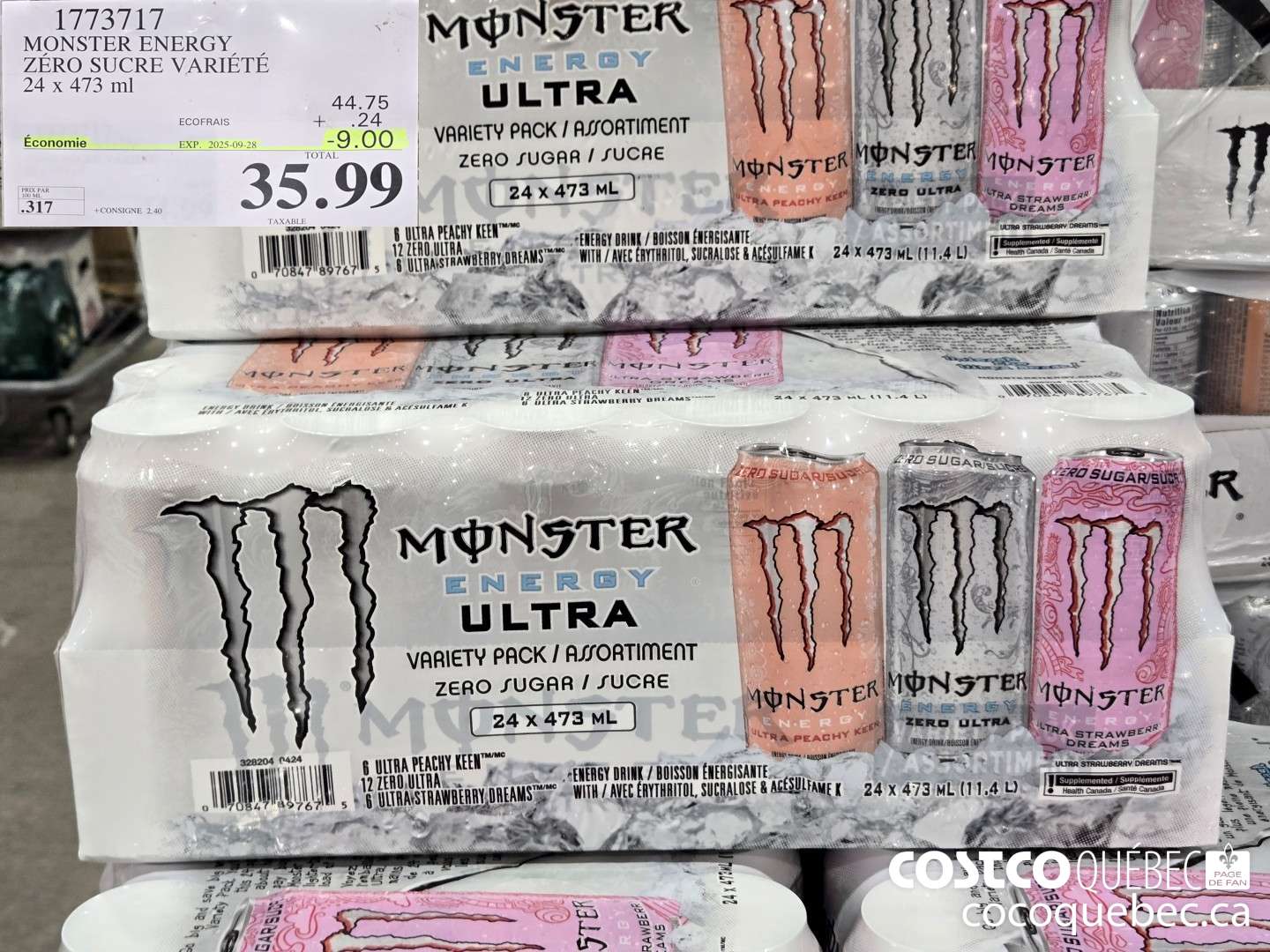 1773717 MONSTER ENERGY ZERO SUCRE VARIETE 24 x 473 ml  ($9.00 INSTANT SAVINGS EXPIRES ON 2025-09-28) $35.99