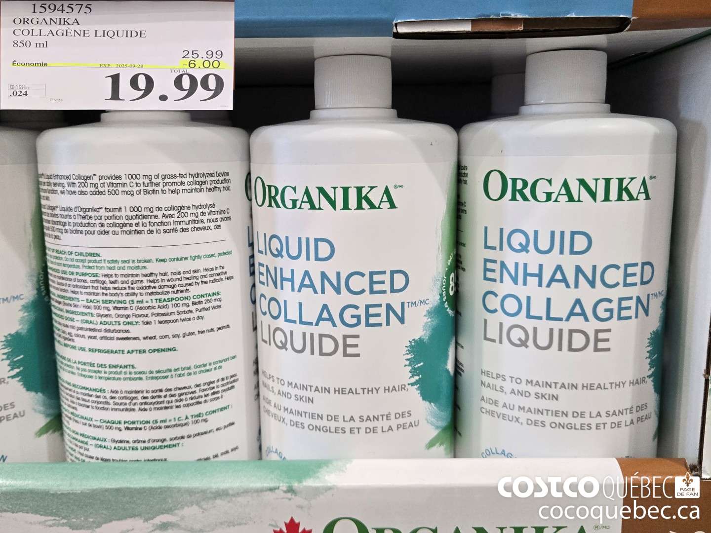 1594575 ORGANIKA COLLAGENE LIQUIDE 850 ML  ($6.00 INSTANT SAVINGS EXPIRES ON 2025-09-28) $19.99