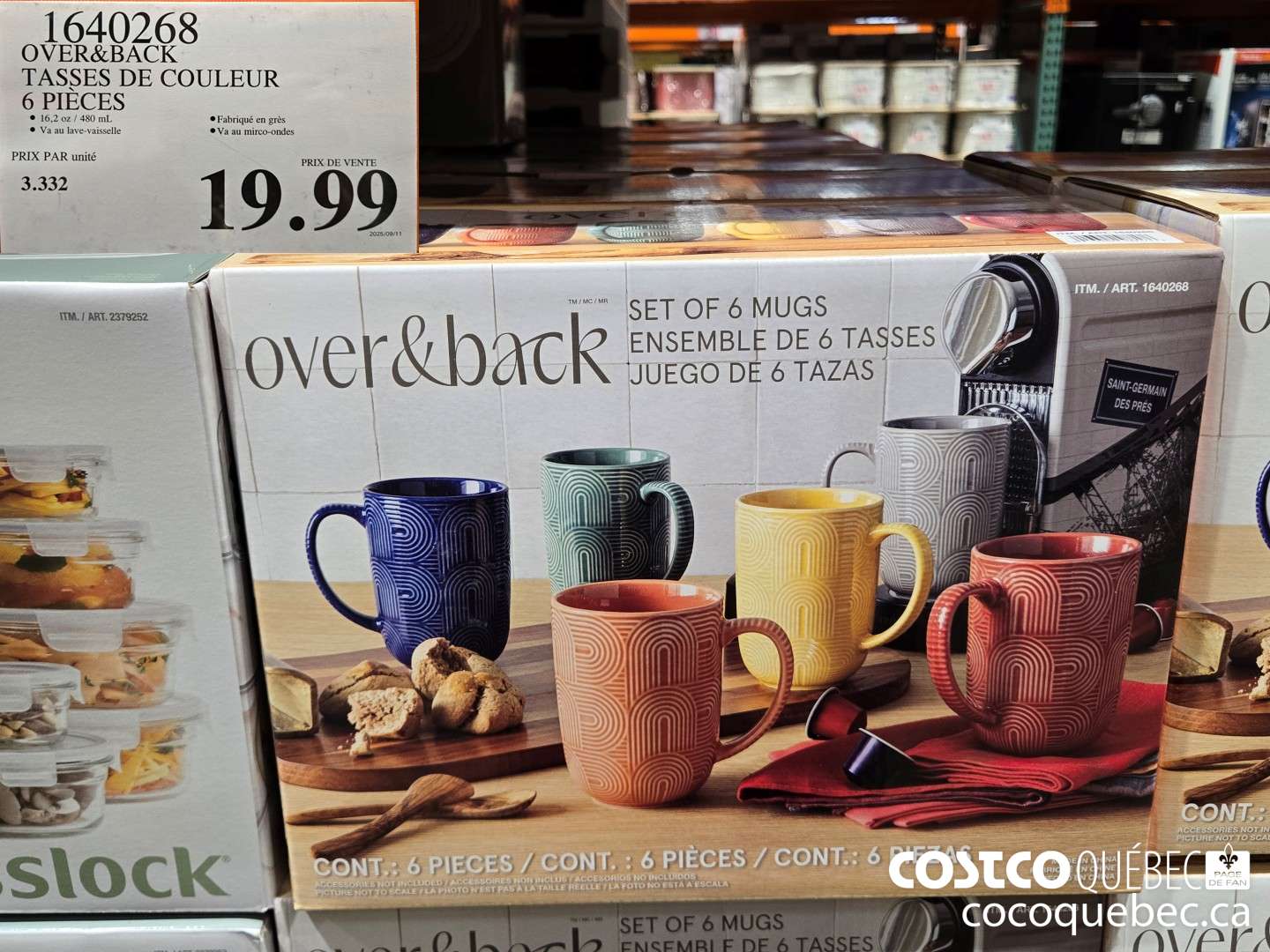 1640268 OVER&BACK TASSES DE COULEUR 6 PIECES  $19.99