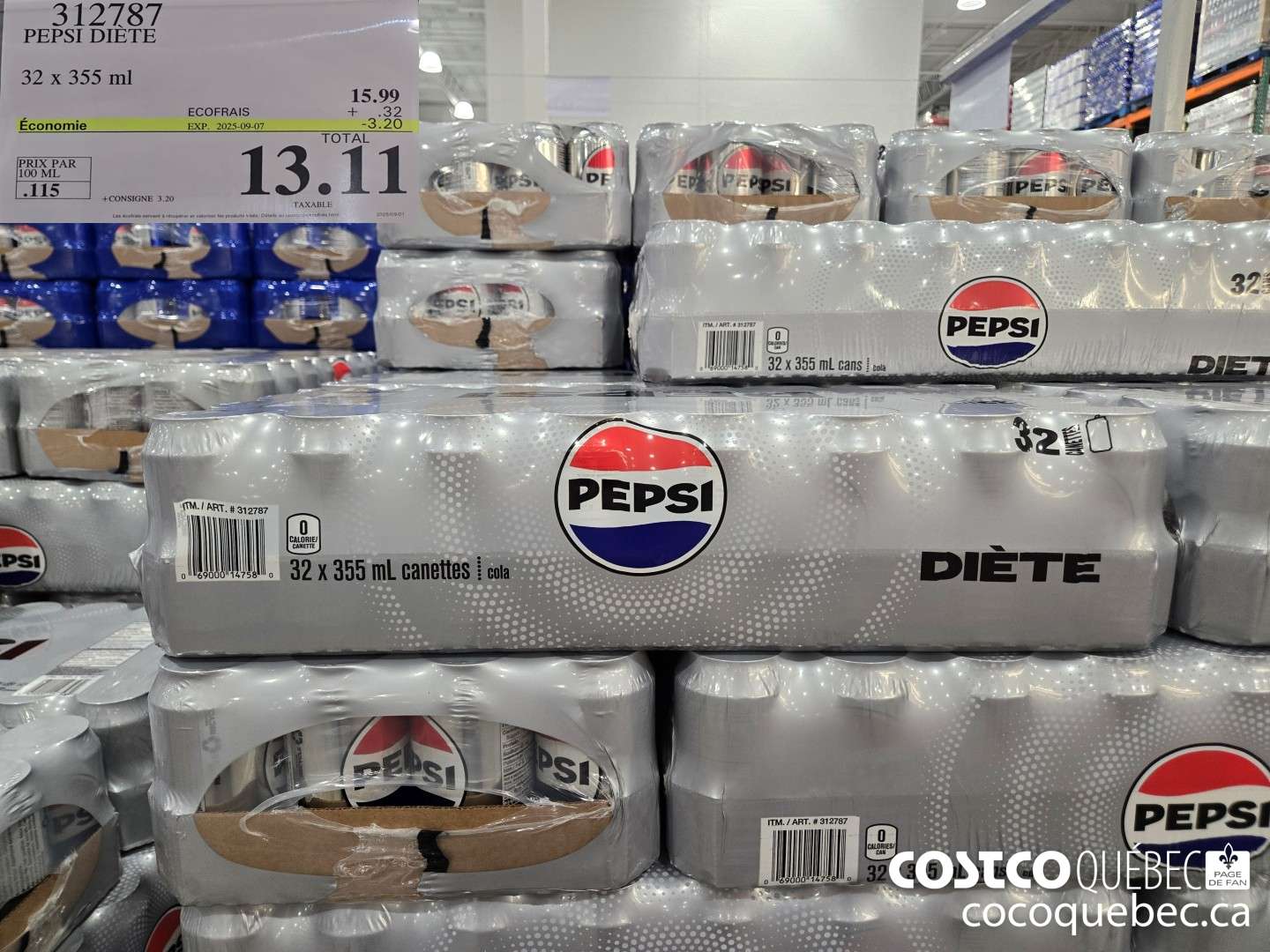 312787 PEPSI DIETE 32 x 355 ml  ($3.20 INSTANT SAVINGS EXPIRES ON 2025-09-07) $13.11