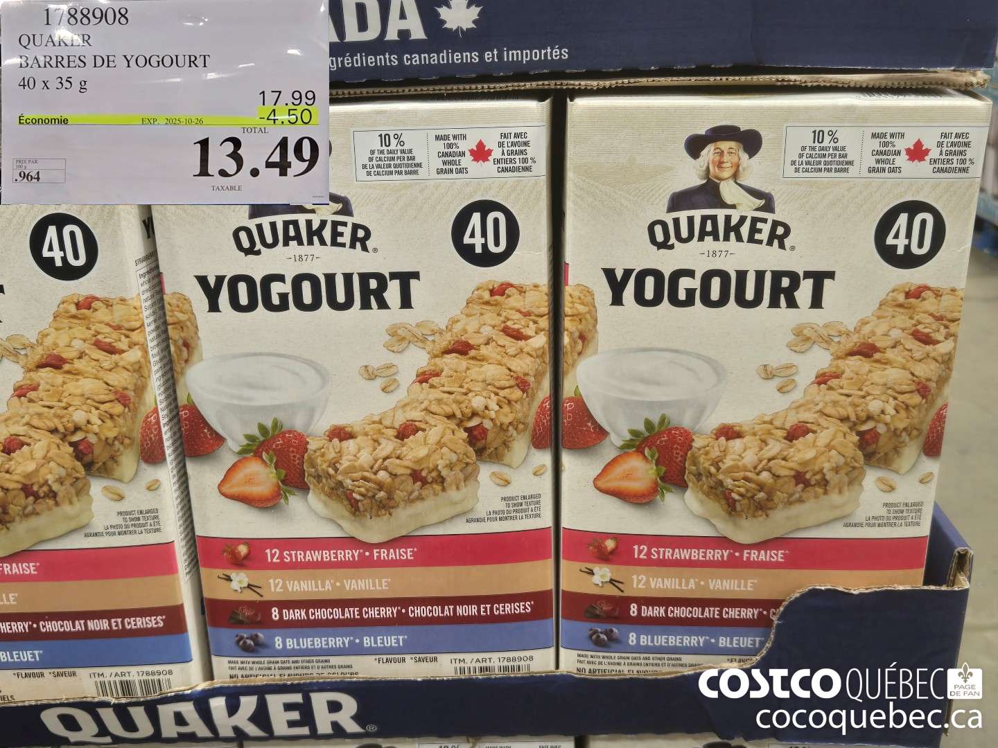 1788908 QUAKER BARRES DE YOGOURT 40 x 35 g  ($4.50 INSTANT SAVINGS EXPIRES ON 2025-10-26) $13.49